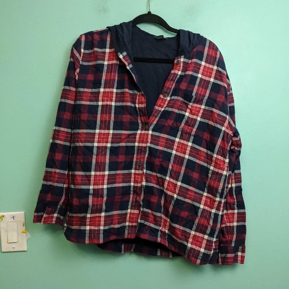 Eddie Bauer Red and Black Lined Flannel Hooded Button Down Jacket Medium